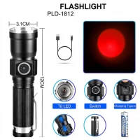 Фонарь PLD-1812-T6 (red) , 1x18650, индикация заряда, ЗУ Type-C, zoom