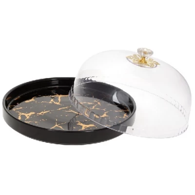 Блюдо-тортовница фарфоровая 25см с колпаком Мраморная Роскошь, цвет — черный мрамор