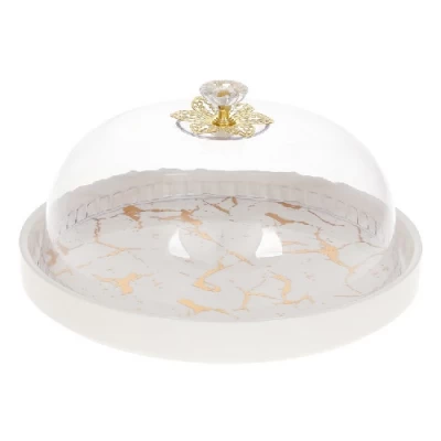 Блюдо-тортовница фарфоровая 25см с колпаком Мраморная Роскошь, цвет — белый мрамор