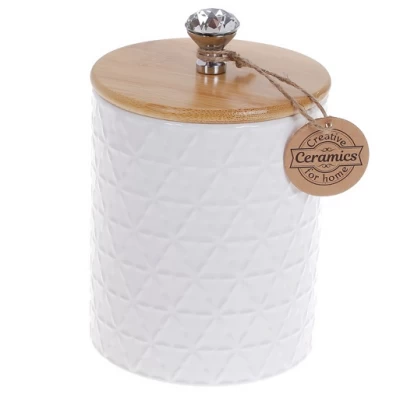 Банка керамическая Алмаз с бамбуковой крышкой 600мл, цвет — белый