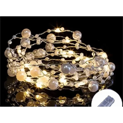 Светодиодная Гирлянда Нить на Медной Проволоке с Жемчугом 20 Led 2м на Батарейках Теплый Белый (o-17a)