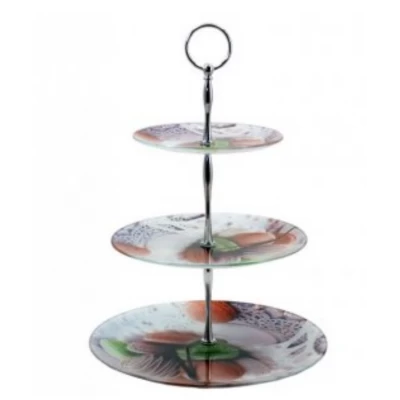 Стеклянная фруктовница 3 яруса. Деколь макароны пирожное