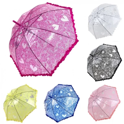 Зонтик-трость детский прозрачный с ажурным принтом, Полуавтомат, Венгрия (18102) 