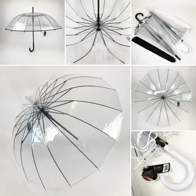 Прозрачный зонт-трость полуавтомат с ручкой-крюк, 14 спиц антиветер. 2000 Венгрия