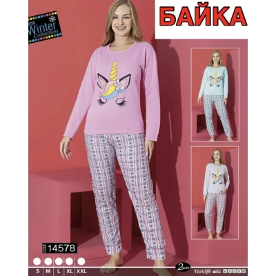 Пижама коттон на байке. Размер S, M,L,XL, 2XL (44-52). Турция. расцветки в ассорт.