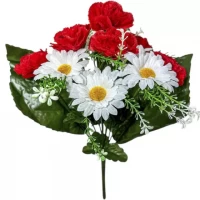 Искусственные цветы букет красных гвоздик с ромашками, 37см