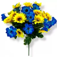 Искусственные цветы букет васильки и подсолнухи 27 голов серия Украина, 45см