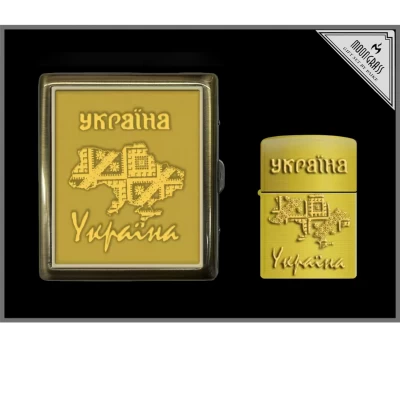 Подарочный набор: портсигар и зажигалка с картой Украины и орнаментом WKL-061 Подарочный набор: портсигар и зажигалка с картой Украины и орнаментом WKL-061