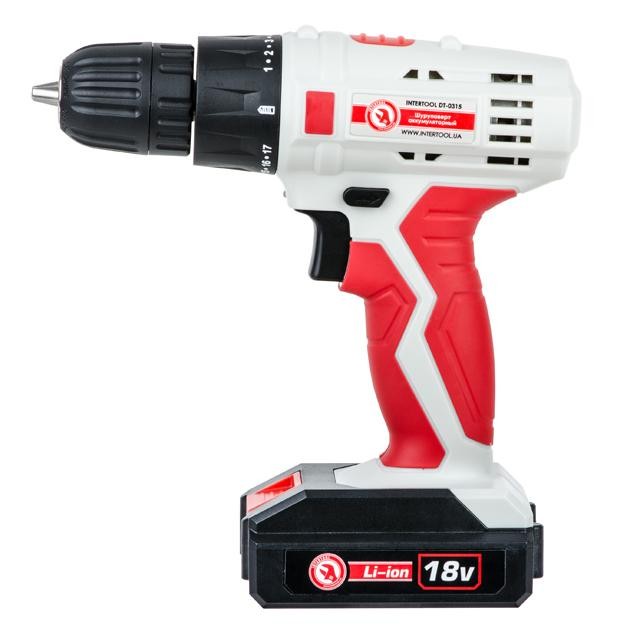 Дрель-шуруповерт аккумуляторная 18В, 1 аккумулятор, Li-ion, 1.3Ач, 17 Нм, 0-700 об/мин INTERTOOL DT-0315 Дрель-шуруповерт аккумуляторная 18В, 1 аккумулятор, Li-ion, 1.3Ач, 17 Нм, 0-700 об/мин INTERTOOL DT-0315