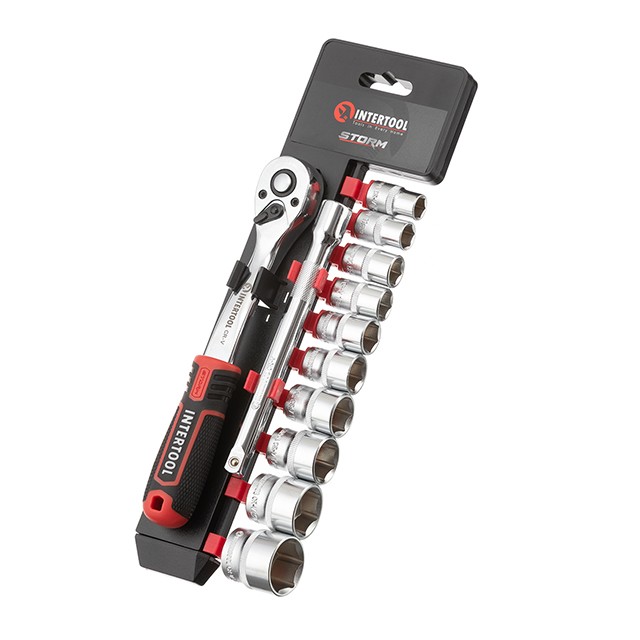 Набор головок 3/8" 10-24 мм., удлинитель, рукоятка с храповым механизмом 72 зуба, 12ед., Cr-V STORM INTERTOOL ET-8013 Набор головок 3/8" 10-24 мм., удлинитель, рукоятка с храповым механизмом 72 зуба, 12ед., Cr-V STORM INTERTOOL ET-8013