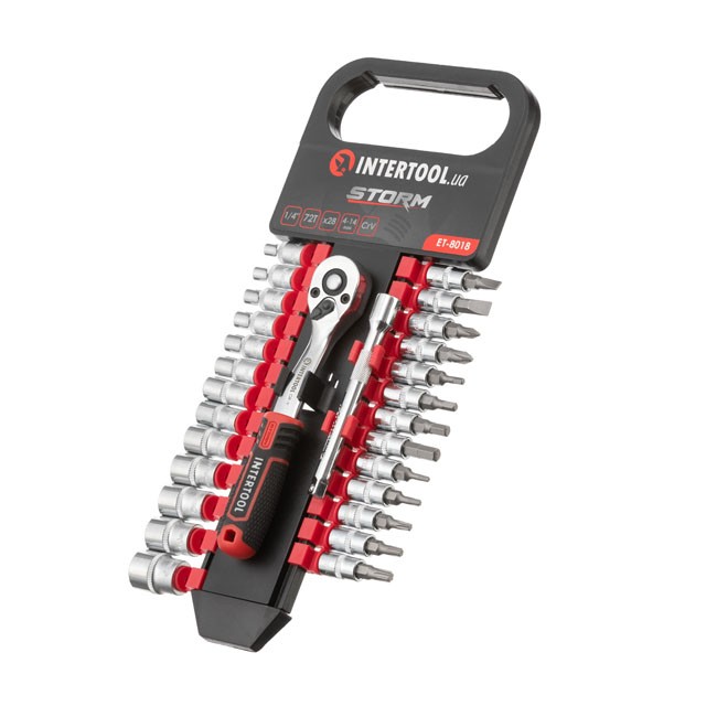 Набор головок 1/4" 4-14 мм., TORX, PH, HEX, SL, удлинитель, рукоятка с храповым механизмом 72 зуба, 28ед., Cr-V STORM INTERTOOL ET-8018 Набор головок 1/4" 4-14 мм., TORX, PH, HEX, SL, удлинитель, рукоятка с храповым механизмом 72 зуба, 28ед., Cr-V STORM INTERTOOL ET-8018