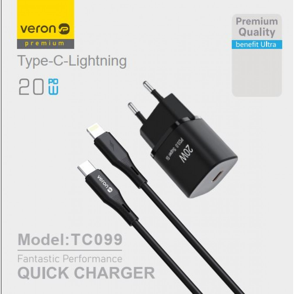 Home Charger | 20W | QC3.0 | Type C To Lightning Cable (1m) — Veron TC-099 Home Charger | 20W | QC3.0 | Type C To Lightning Cable (1m) — Veron TC-099