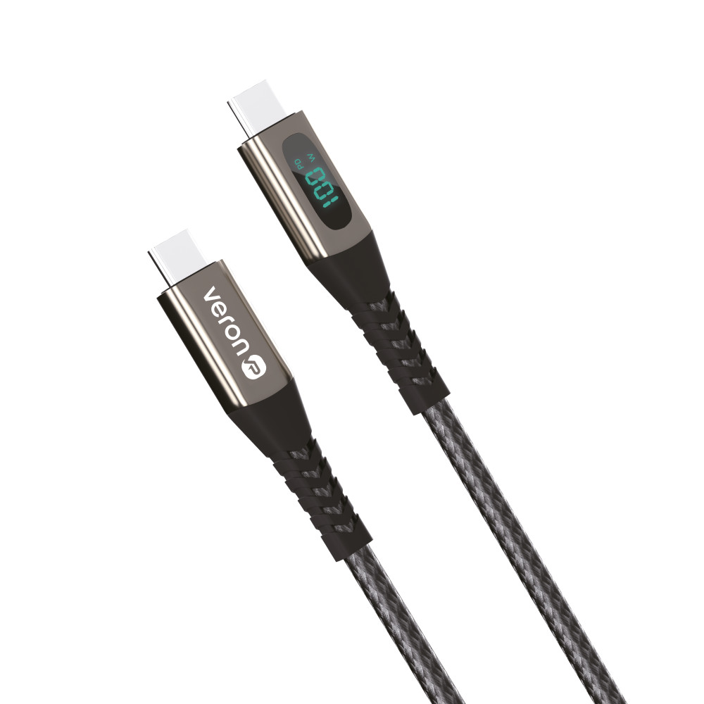 Кабель USB C to C 100W (1.2m) — Veron CC02 Nylon LCD — Black Кабель USB C to C 100W (1.2m) — Veron CC02 Nylon LCD — Black
