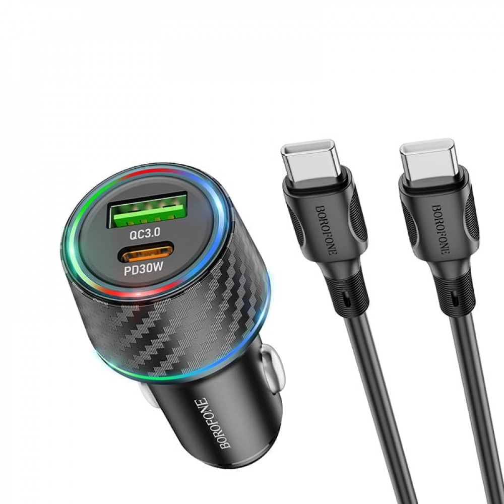 Car Charger | 30W | PD | QC3.0 C to C Cable (1m) — Borofone BZ21 — Black Car Charger | 30W | PD | QC3.0 C to C Cable (1m) — Borofone BZ21 — Black