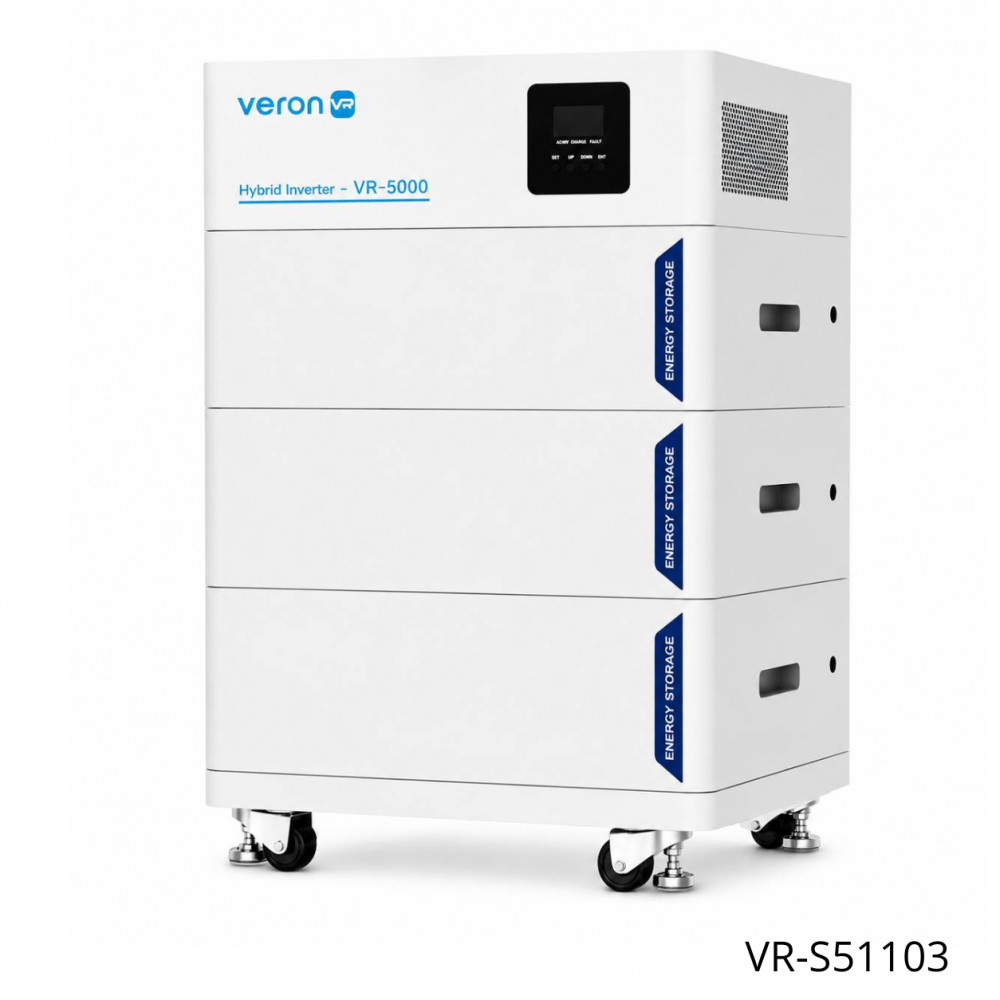 Гибридный инвертор VR-S51103 с тремя аккумуляторами 15,36KWh с корпусом на колесах LiFePo4 Гибридный инвертор VR-S51103 с тремя аккумуляторами 15,36KWh с корпусом на колесах LiFePo4