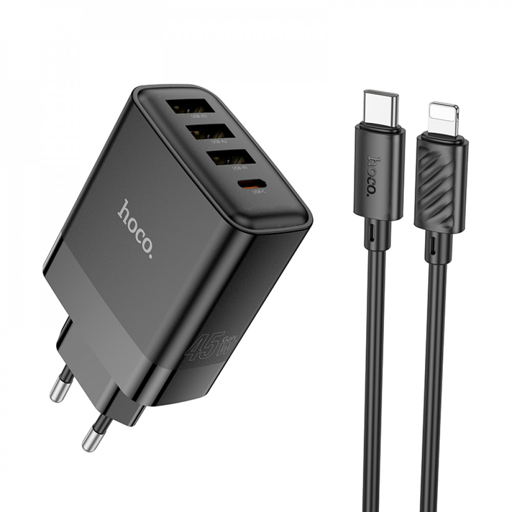 Home Charger 45W PD QC3.0 C to Lightning Cable (1m) Hoco C127A — Black Home Charger 45W PD QC3.0 C to Lightning Cable (1m) Hoco C127A — Black