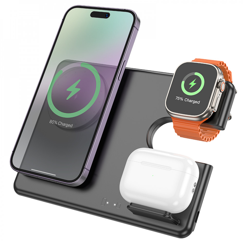 Magnetic Wireless Charger 3 in 1 Hoco CQ1 Geek folding for iWatch — black Magnetic Wireless Charger 3 in 1 Hoco CQ1 Geek folding for iWatch — black