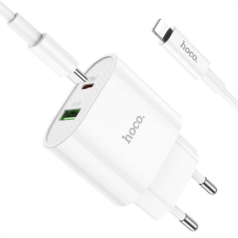 Home Charger 20W PD QC3.0 C to Lightning Cable (1m) Hoco C95A — White Home Charger 20W PD QC3.0 C to Lightning Cable (1m) Hoco C95A — White