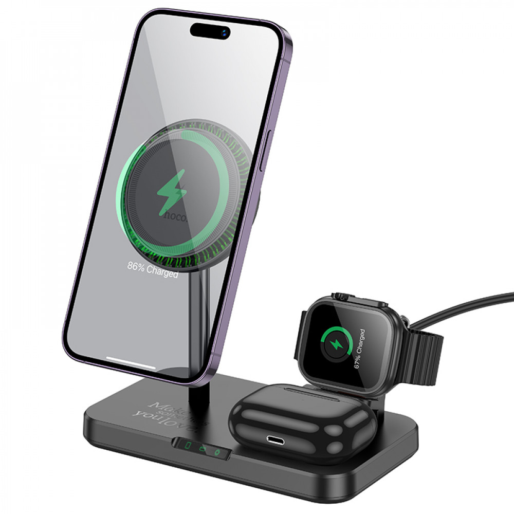 Magnetic Wireless Charger 3 in 1 — Hoco CQ12 — Black Magnetic Wireless Charger 3 in 1 — Hoco CQ12 — Black
