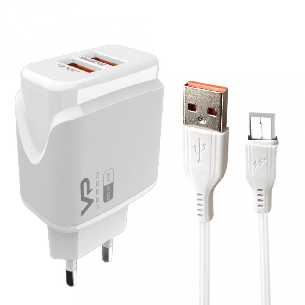 Home Charger 2.4A 2U Micro Cable (1m) Veron VR-C12M — White Home Charger 2.4A 2U Micro Cable (1m) Veron VR-C12M — White