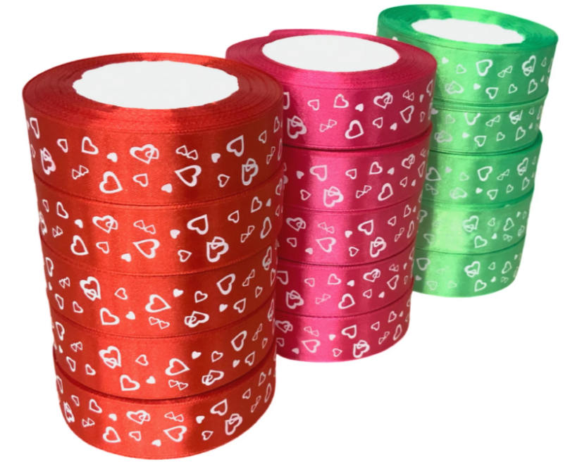 Лента атласная с сердечками белыми 2.5см/23м Лента атласная с сердечками белыми 2.5см/23м