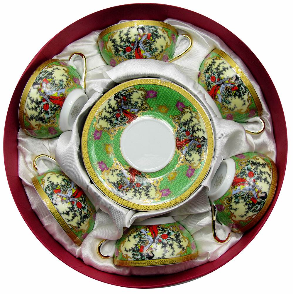 Сервиз круглый фарфор (70мл.)(6CCS129-3) Зеленый (h-4см, d-7,3см,d блюдца 11 см) Сервиз круглый фарфор (6CCS129-3) "Зеленый" (10шт.в ящ.) код 18975