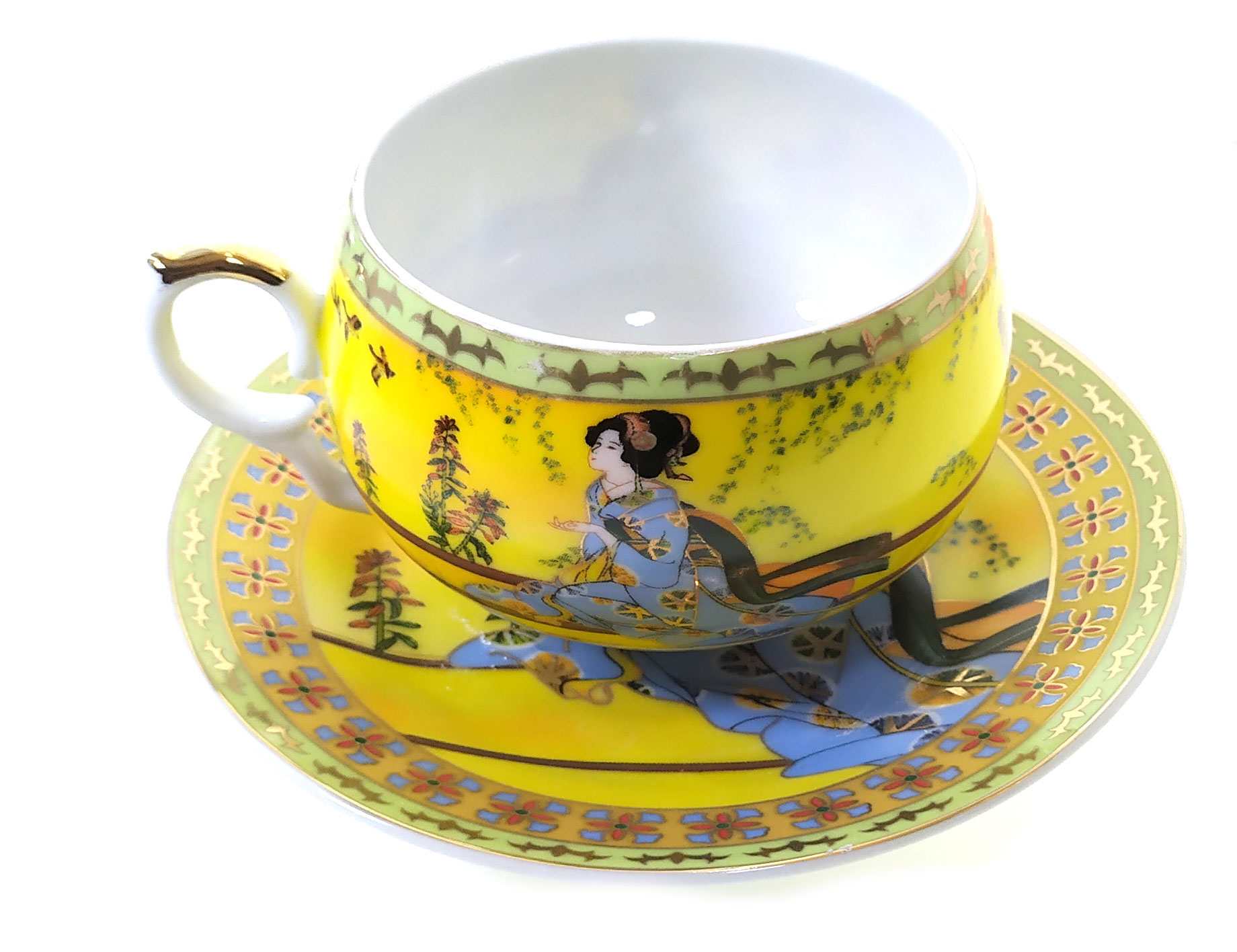 Чашка+блюдце фарфор (210 мл)(ACS141-4) Жёлтый (h-6см, d-чашки - 8см, d-блюдца - 14см) Чашка+ложка фарфор (ACS141-4) "Жёлтый" (36шт.в ящ.) код 21268