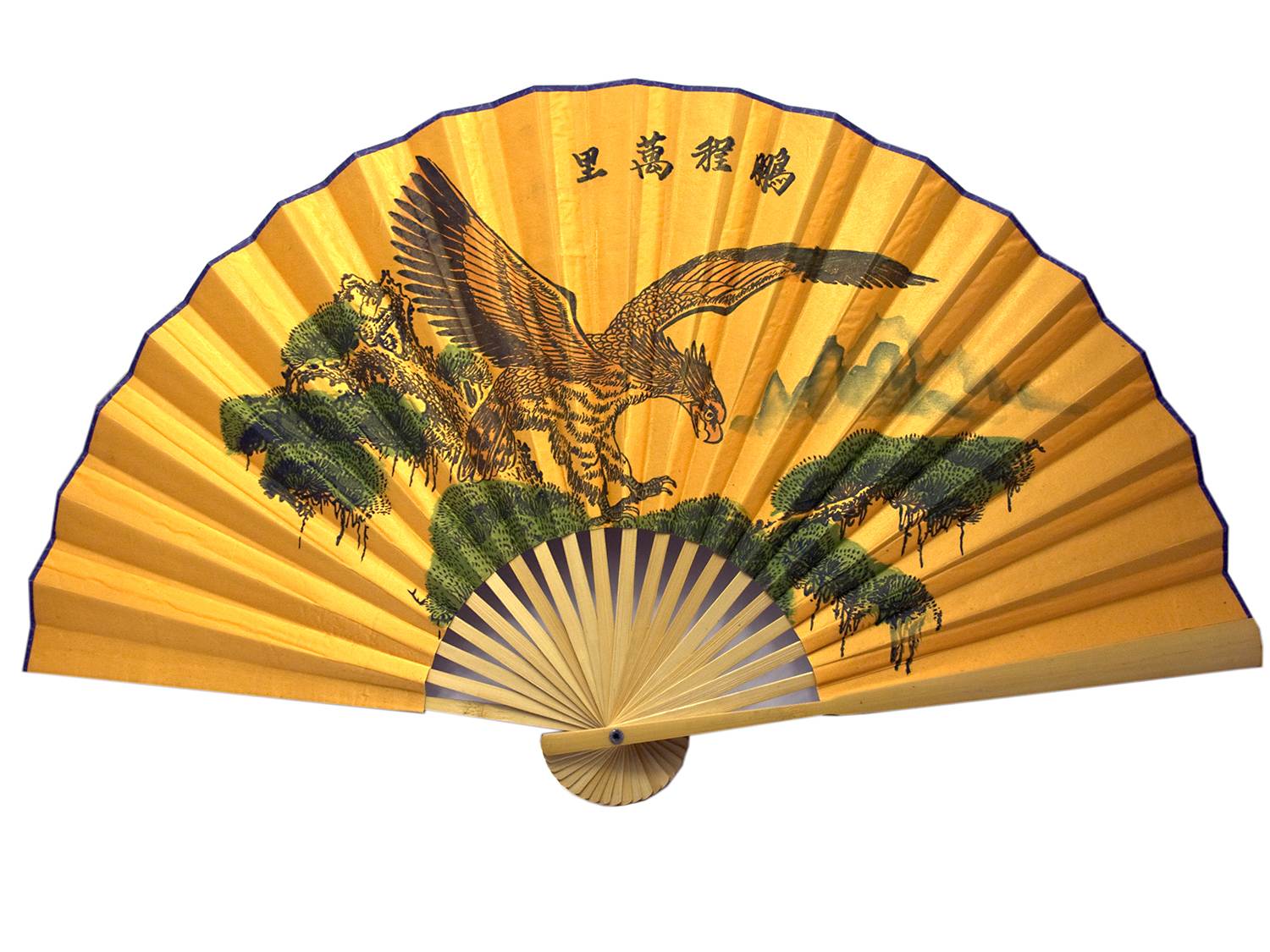 Веер бамбук с шелком Орел на желтом фоне Веер бамбук с шелком Орел на желтом фоне