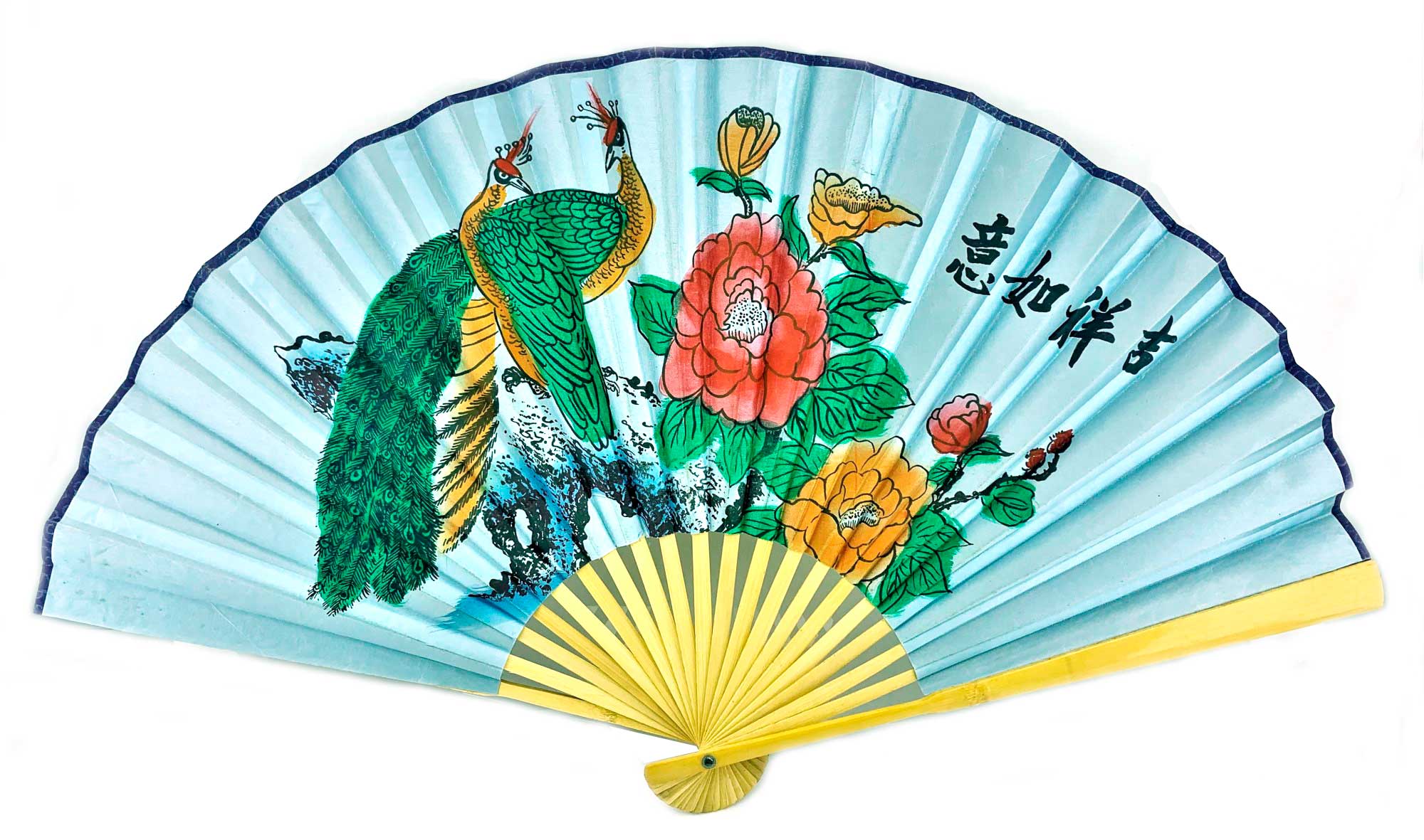 Веер бамбук с шелком Павлины на голубом фоне Веер бамбук с шелком Павлины на голубом фоне