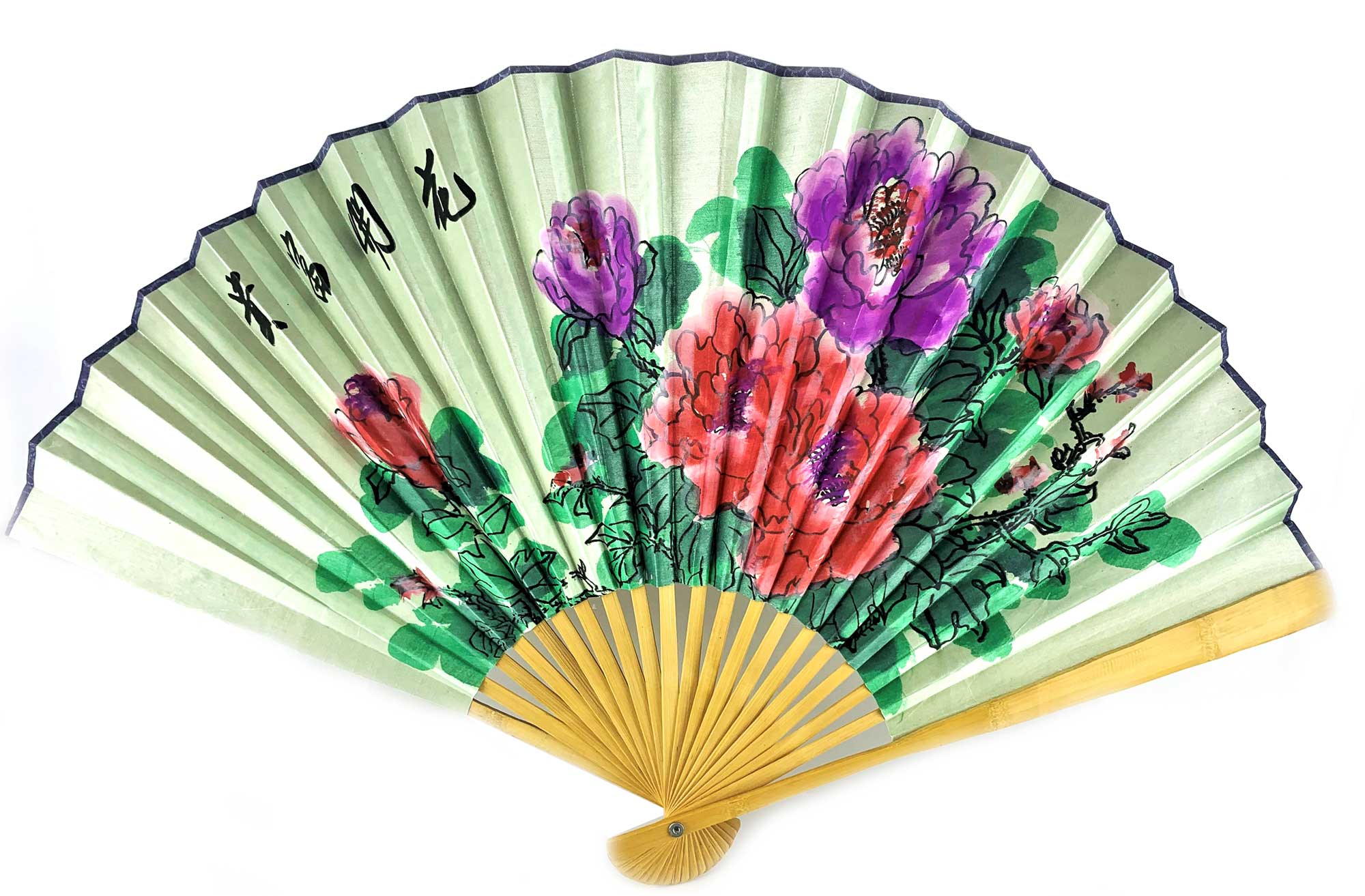 Веер бамбук с шелком Цветы на бирюзовом фоне Веер бамбук с шелком Цветы на бирюзовом фоне