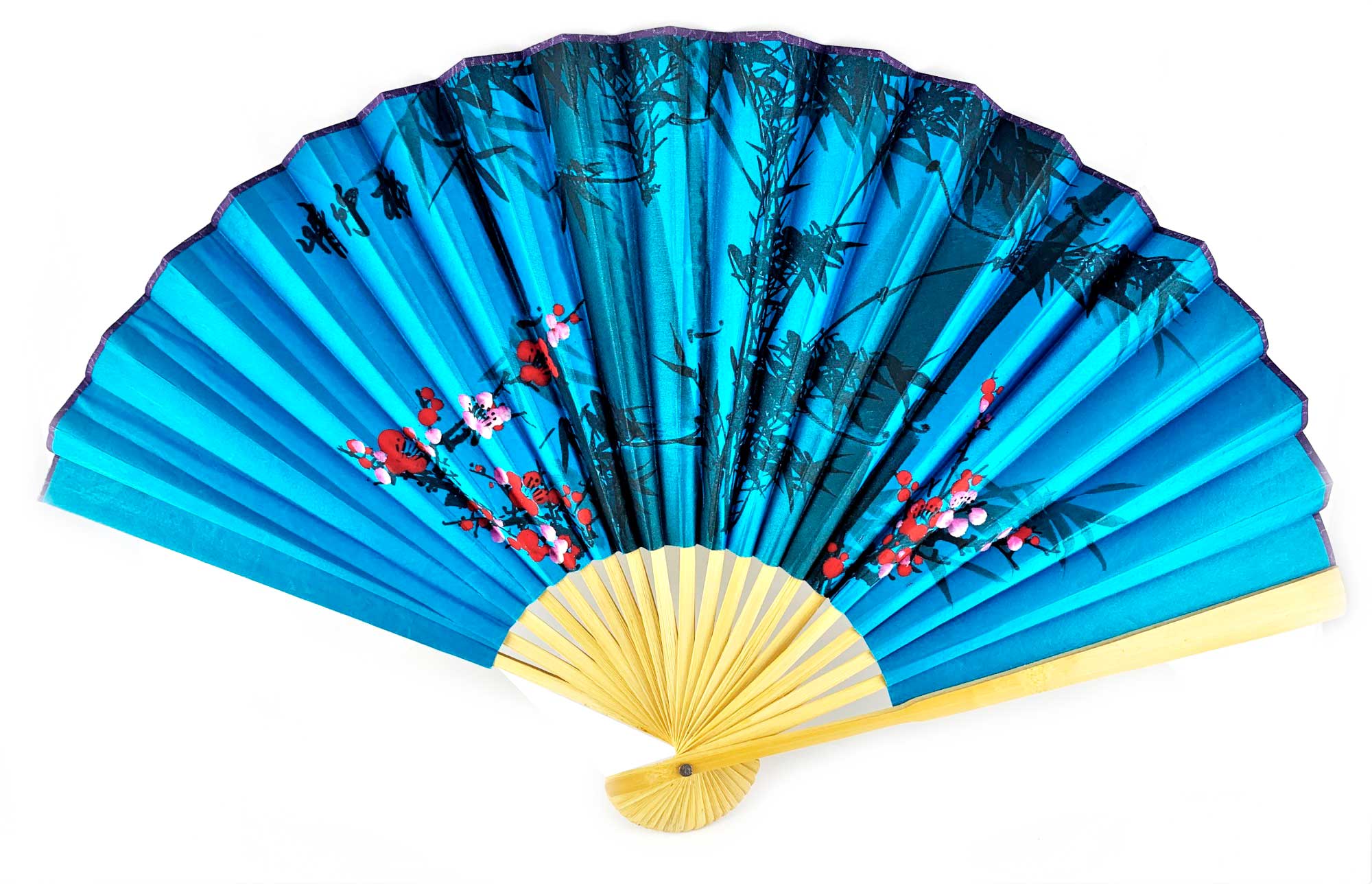 Веер бамбук с шелком Сакура и бамбук на синем фоне Веер бамбук с шелком Сакура и бамбук на синем фоне
