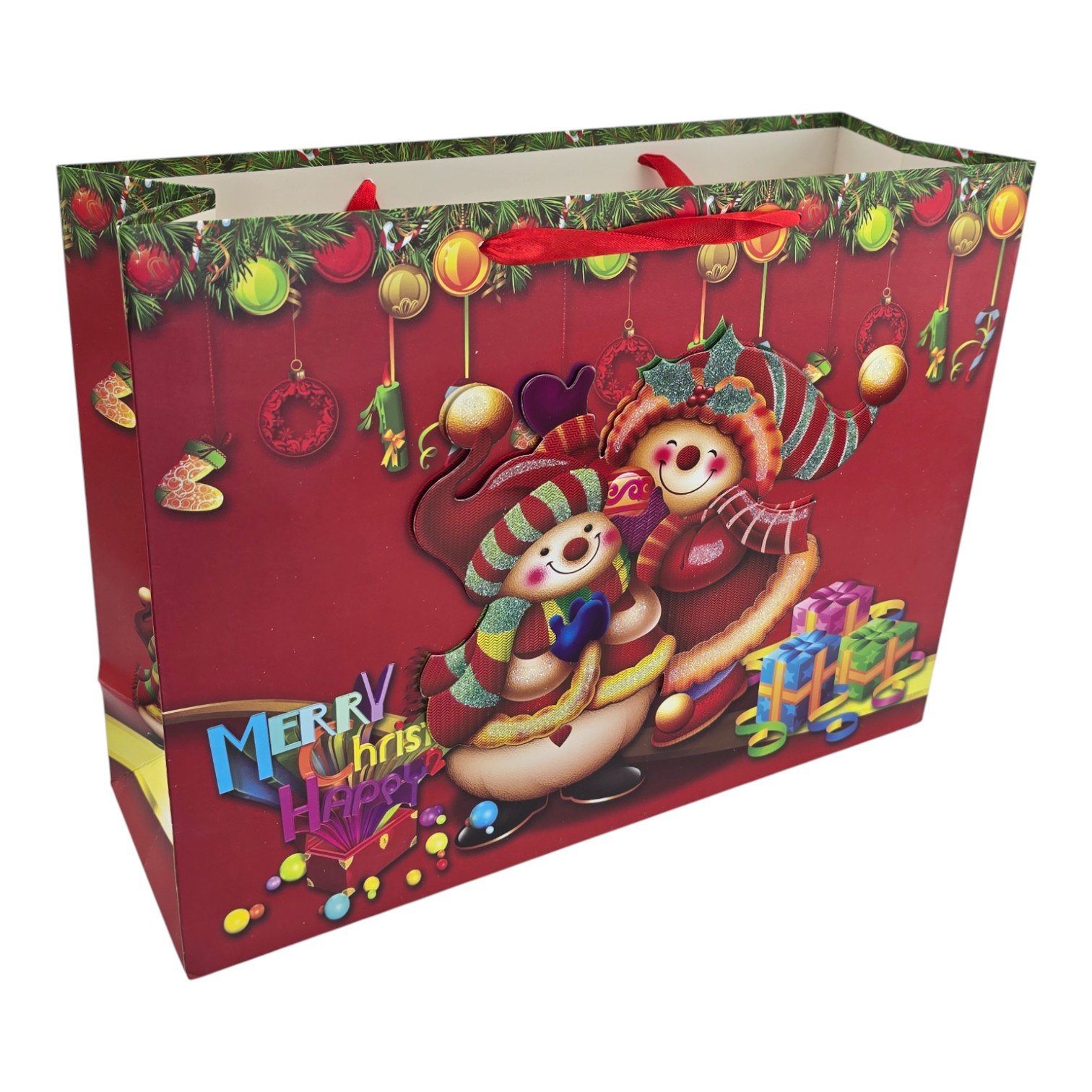 Пакет подарочный с апликацией Снеговики красный (36х27 см) Пакет подарочный с апликацией Снеговики красный (36х27 см)