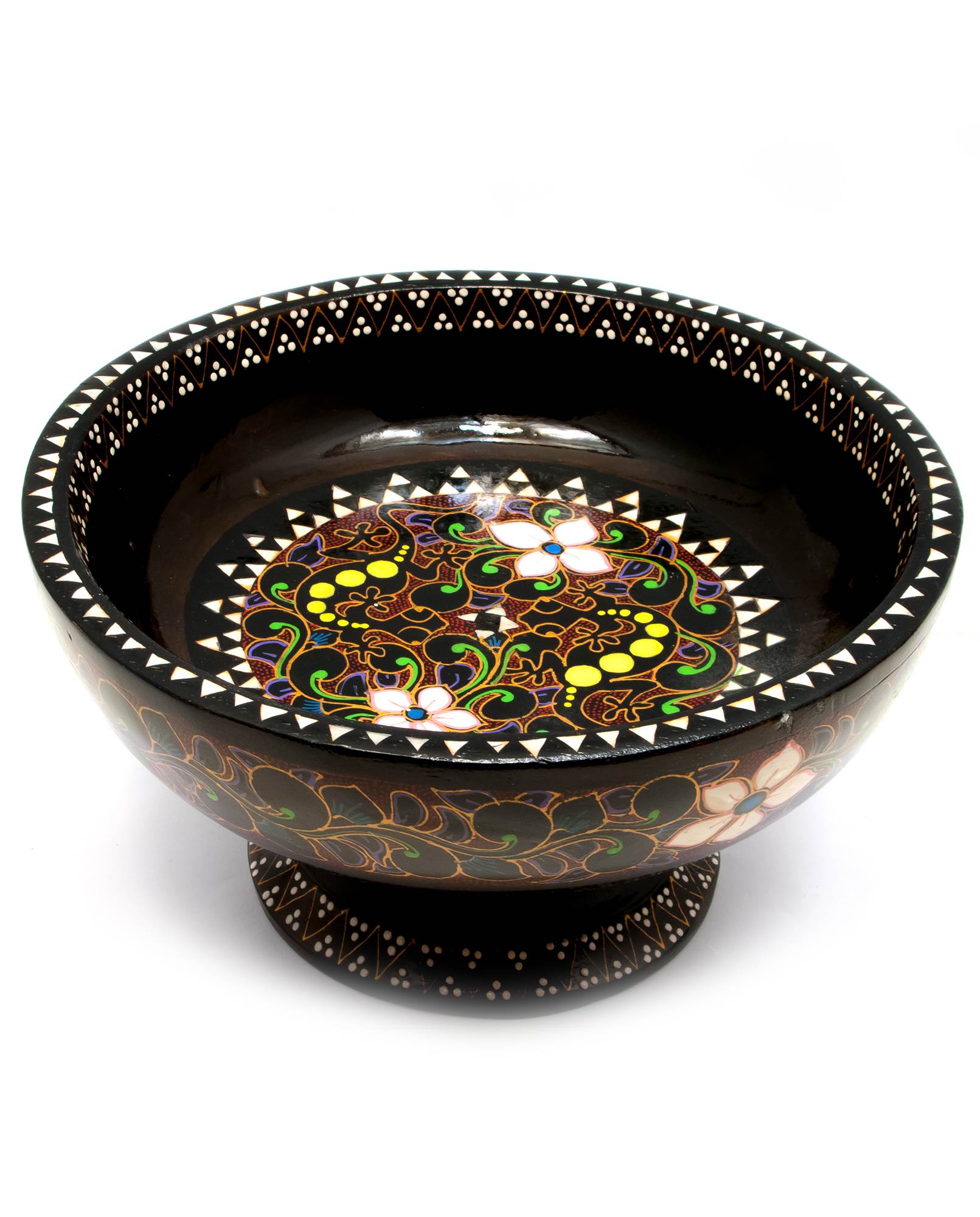 Конфетница расписная из цельного дерева инкрустированная перламутром (d-24 h-13см) Конфетница расписная из цельного дерева инкрустированная перламутром (d-24 h-13см)