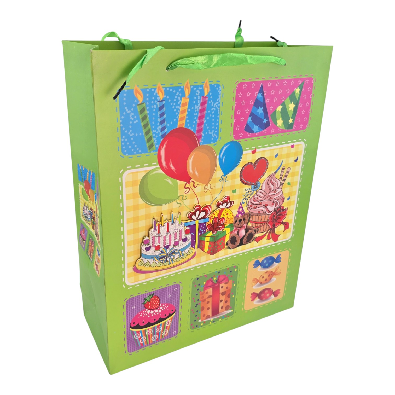 Пакет подарочный картонный с аппликацией Happy Birthday зеленый (30х38х12 см) Пакет подарочный картонный с аппликацией Happy Birthday зеленый (30х38х12 см)