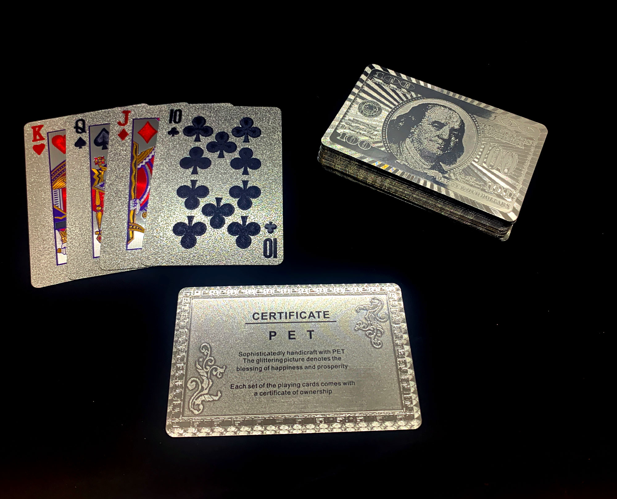 Карты игральные пластиковые 100 долларов серебро (9х6х2 см) Карты игральные пластиковые 100 долларов серебро (9х6х2 см)