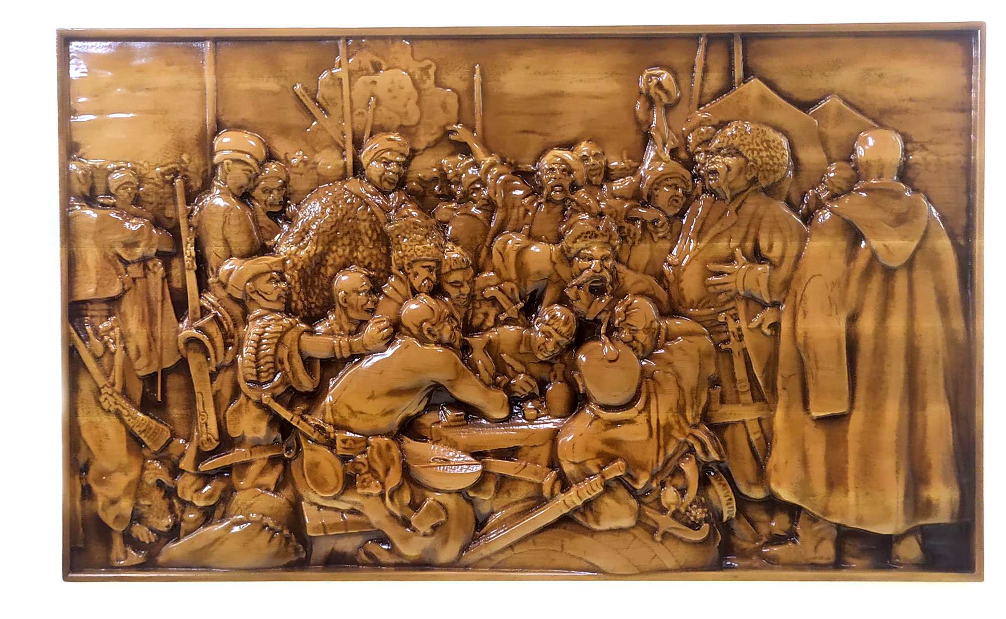 Панно Козаки пишут письмо турецкому султану массив дерева,резное,покрыто патиной и лаком (48,5х29х Панно Козаки пишут письмо турецкому султану массив дерева,резное,покрыто патиной и лаком (48,5х29х