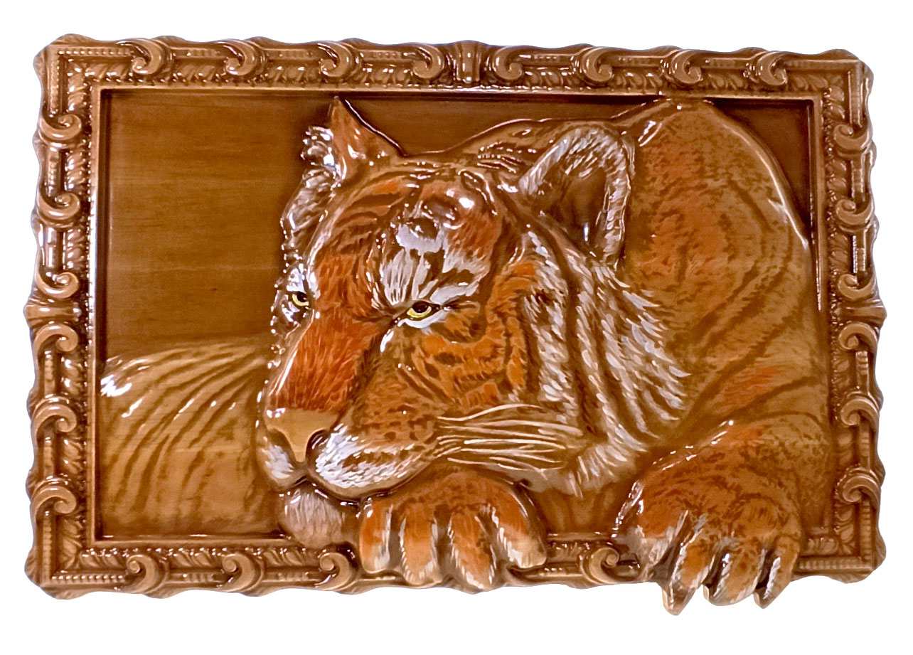 ПанноТигр (43×28×2,4 см) массив дерева ,резное ,покрыто патиной,эмалями и лаком. ПанноТигр (43×28×2,4 см) массив дерева ,резное ,покрыто патиной,эмалями и лаком.