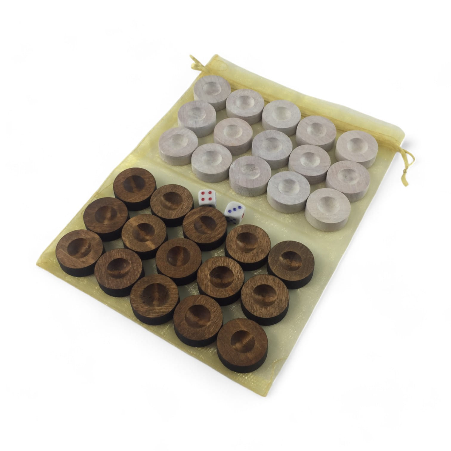 Фишки для нард с мешочком(д-28мм,выс-10мм) массив дерева,кубики в комплекте,белые и коричневые Фишки для нард с мешочком(д-28мм,выс-10мм) массив дерева,кубики в комплекте,белые и коричневые