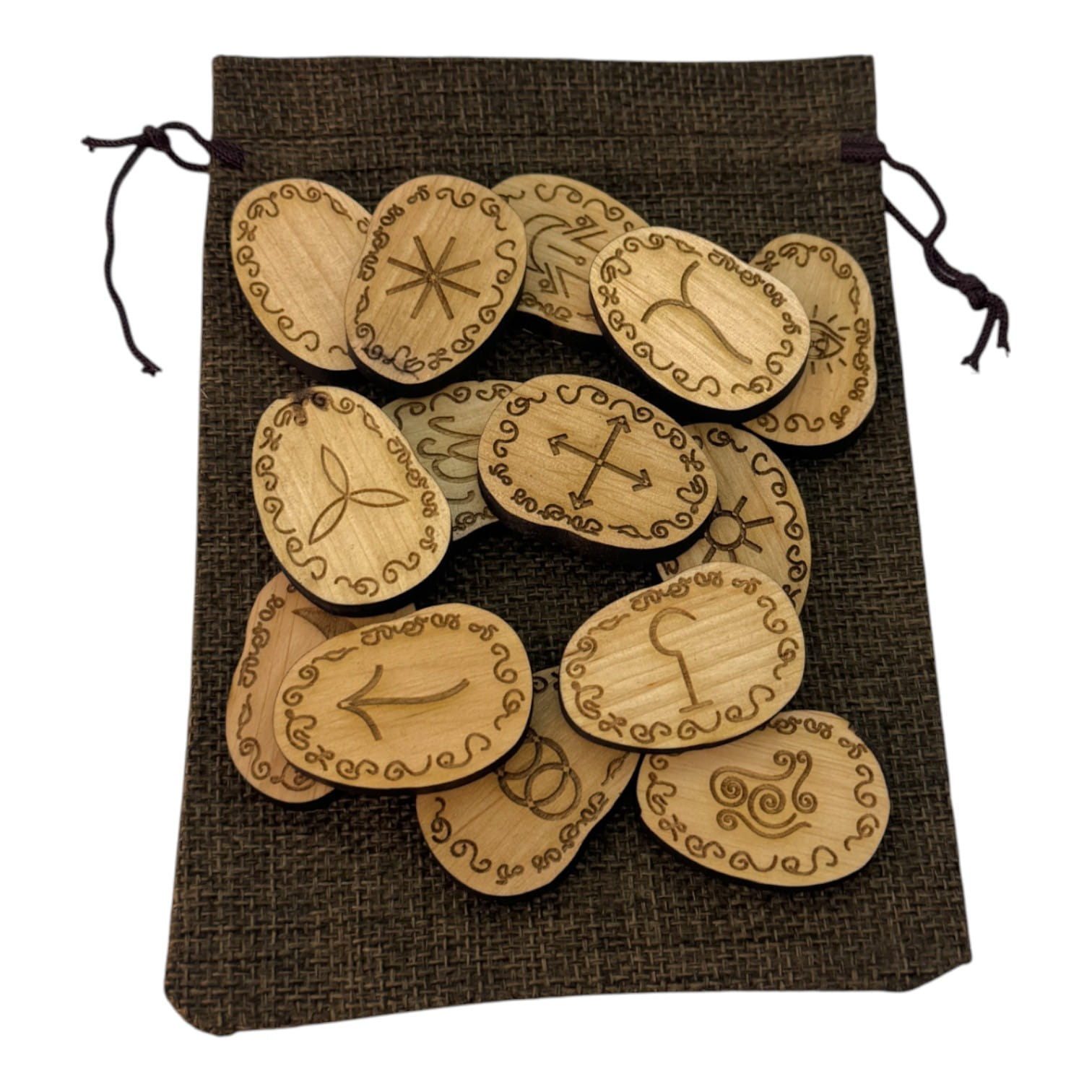 Руны Ведьмины(Викканские) светлые, 14 рун (4,2*3,1*0,7 см) с мешочком , массив дерева Руны Ведьмины(Викканские) светлые, 14 рун (4,2*3,1*0,7 см) с мешочком , массив дерева