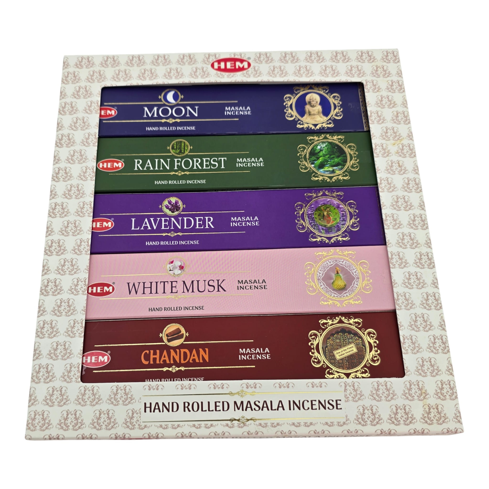 Набор благовоний HEM Masala 5 ароматов по 15 г Moon Rain Forest Lavender White Musk Chandan Набор благовоний HEM Masala 5 ароматов по 15 г Moon Rain Forest Lavender White Musk Chandan