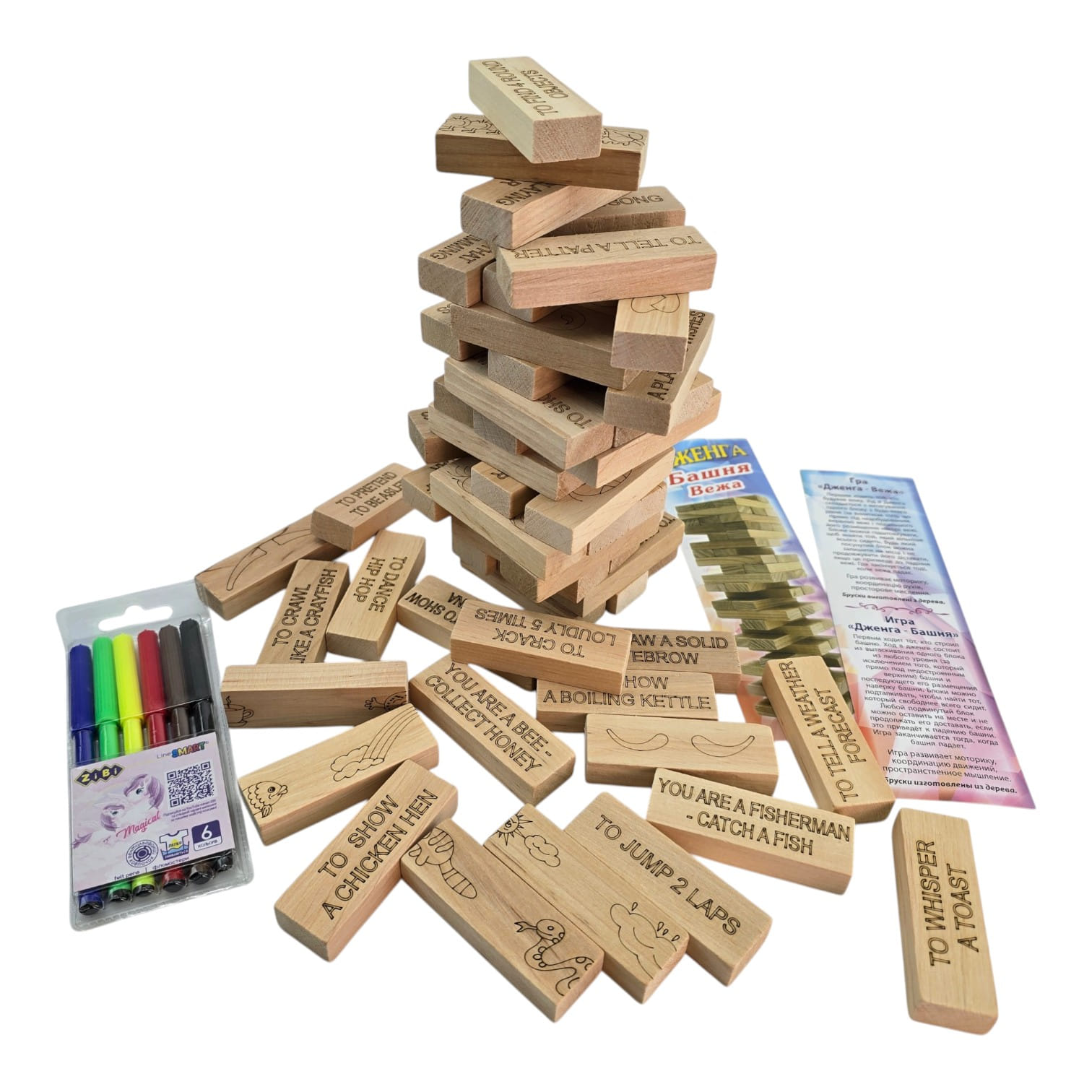 Игра настольная Дженга 4в1:Башня, фанты на английском языке(60 брусков +фломастеры)(28,5х7х7 см) Игра настольная Дженга 4в1:Башня, фанты на английском языке(60 брусков +фломастеры)(28,5х7х7 см)