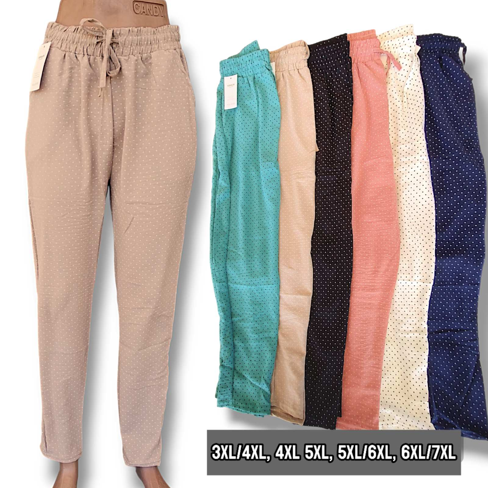 Брюки жіночі літні, в мілкий горошок. Кеналін. Тканина жатка. Колір в упаковці мікс. Розміри: 3XL-7XL. Брюки жіночі літні, в мілкий горошок. Кеналін. Тканина жатка. Колір в упаковці мікс. Розміри: 3XL-7XL.