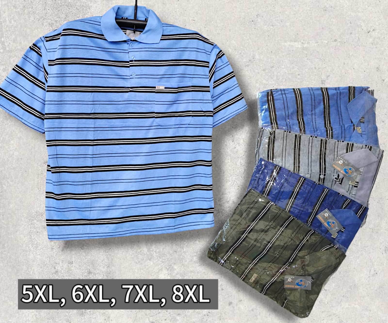 Футболка -рубашка чоловіча в смужку. Має одну накладну кишеню. Розміри: 5XL- 8XL. (XL-4XL) Футболка -рубашка чоловіча в смужку. Має одну накладну кишеню. Розміри: 5XL- 8XL. (XL-4XL)