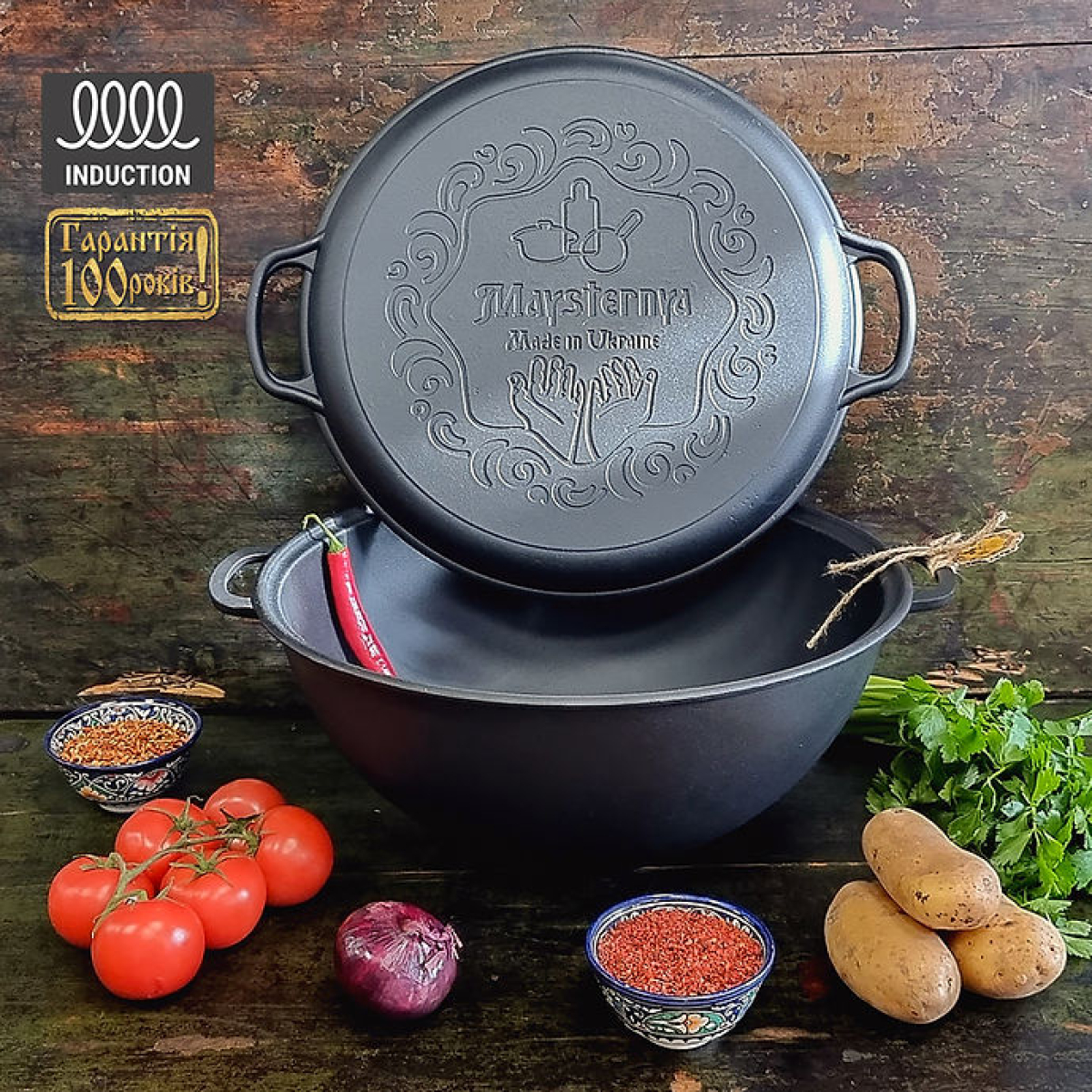 Казан чугунный узбекский 15 л WOK с крышкой-сковородой "Наша Майстерня" Казан чугунный узбекский 15 л WOK с крышкой-сковородой "Наша Майстерня"