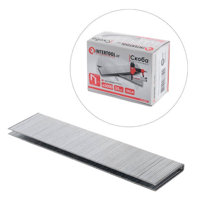 Скоба для степлера РТ-1612, 35 мм (18GA), 5,7(5,8)*1,25*1,0 мм, 5000 шт/уп. INTERTOOL PT-8335 Скоба для степлера РТ-1612, 35 мм (18GA), 5,7(5,8)*1,25*1,0 мм, 5000 шт/уп. INTERTOOL PT-8335