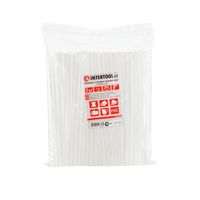Комплект прозрачных клеевых стержней 7.4мм*200мм, уп. 1кг INTERTOOL RT-1036 Комплект прозрачных клеевых стержней 7.4мм*200мм, уп. 1кг INTERTOOL RT-1036