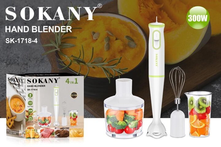 Многофункциональный погружной блендер 4в1 SOKANY SK-1718-4 с венчиком и измельчителем Белый Многофункциональный погружной блендер 4в1 SOKANY SK-1718-4 с венчиком и измельчителем Белый
