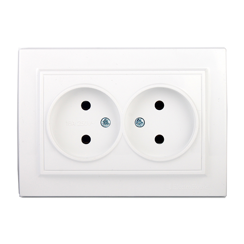 Розетка двойная б/з (мат термопластик) 16 А Enzo Белый Розетка двойная б/з (мат термопластик) 16 А Enzo Белый