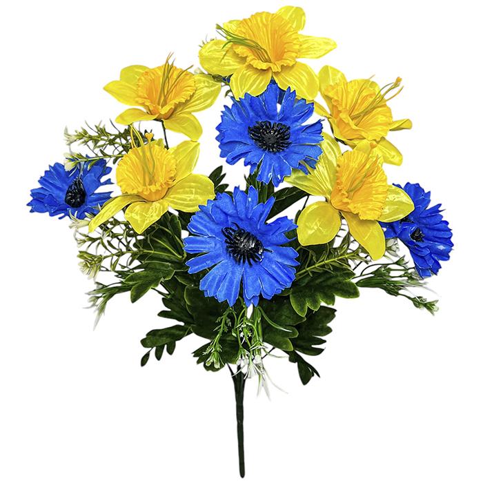 Искусственные цветы букет атласные васильки с нарциссами серия Украина, 52см