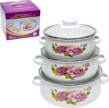 Набір емальованих каструль 3шт 1,1 л/1,6 л/2,3 л з кришками 671DG-004 Набір емальованих каструль 3шт 1,1 л/1,6 л/2,3 л з кришками 671DG-004